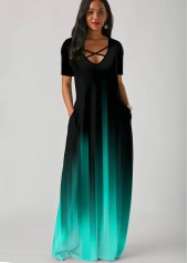 Side Pocket Short Sleeve Mint Green Gradient Maxi Dress