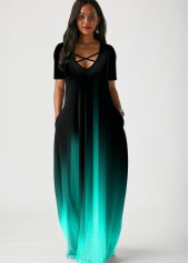 Side Pocket Short Sleeve Mint Green Gradient Maxi Dress