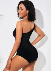 Black Sheer Mesh One Shoulder One Piece Swimwear