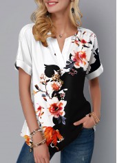 Short Sleeve Floral Print Split Neck Blouse