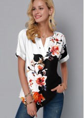 Short Sleeve Floral Print Split Neck Blouse