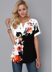 Short Sleeve Floral Print Split Neck Blouse