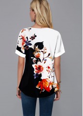Short Sleeve Floral Print Split Neck Blouse