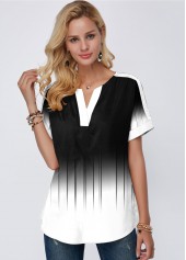 Printed Color Block Short Sleeve Blouse