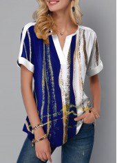 Short Sleeve Geometric Print Split Neck Blouse