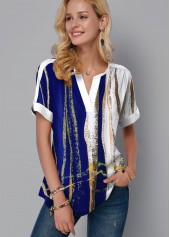 Short Sleeve Geometric Print Split Neck Blouse