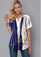 Short Sleeve Geometric Print Split Neck Blouse