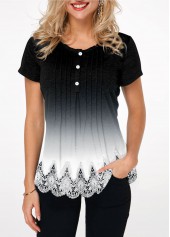 Lace Hem Button Detail Gradient T Shirt