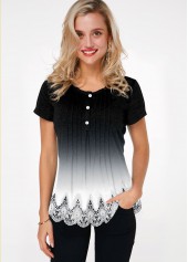 Lace Hem Button Detail Gradient T Shirt