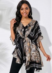 V Neck Tribal Print Asymmetric Hem Multi Color Blouse