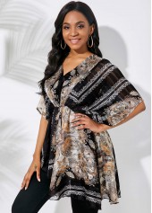 V Neck Tribal Print Asymmetric Hem Multi Color Blouse