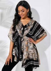 V Neck Tribal Print Asymmetric Hem Multi Color Blouse