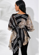 V Neck Tribal Print Asymmetric Hem Multi Color Blouse