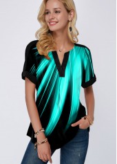 Split Neck Rainbow Color Printed Mint Green Blouse