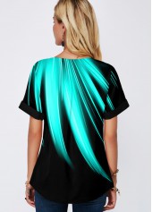 Split Neck Rainbow Color Printed Mint Green Blouse