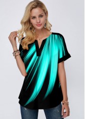 Split Neck Rainbow Color Printed Mint Green Blouse