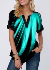 Split Neck Rainbow Color Printed Mint Green Blouse