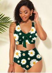 Bowknot Daisy Print High Waisted Bikini Set