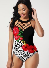 Leopard and Floral Print One Piece Swimwear