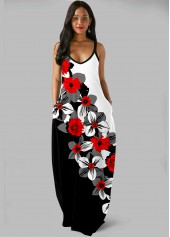 Floral Print Side Pocket Color Block Maxi Dress