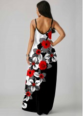 Floral Print Side Pocket Color Block Maxi Dress