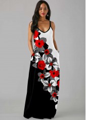 Floral Print Side Pocket Color Block Maxi Dress