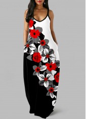 Floral Print Side Pocket Color Block Maxi Dress