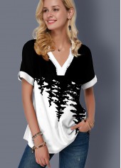 Split Neck Printed Color Block Blouse