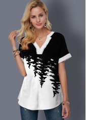 Split Neck Printed Color Block Blouse