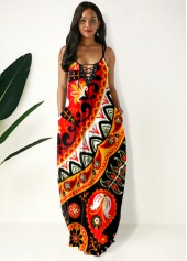 Side Pocket Tribal Print Spaghetti Strap Maxi Dress