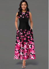 Side Pocket Sleeveless Floral Print Maxi Dress