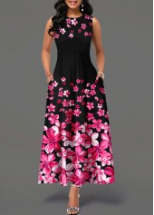 Side Pocket Sleeveless Floral Print Maxi Dress