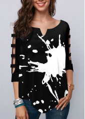 Ladder Cutout Sleeve Asymmetric Hem Printed T Shirt