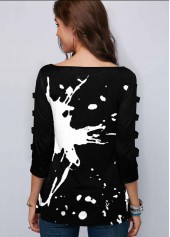 Ladder Cutout Sleeve Asymmetric Hem Printed T Shirt