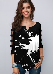 Ladder Cutout Sleeve Asymmetric Hem Printed T Shirt