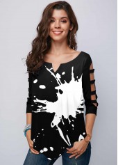 Ladder Cutout Sleeve Asymmetric Hem Printed T Shirt