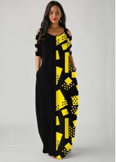 Side Pocket Geometric Print Ladder Cutout Sleeve Maxi Dress
