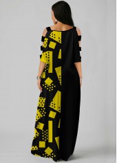 Side Pocket Geometric Print Ladder Cutout Sleeve Maxi Dress