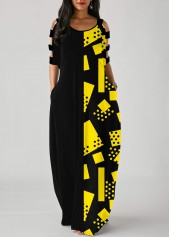 Side Pocket Geometric Print Ladder Cutout Sleeve Maxi Dress