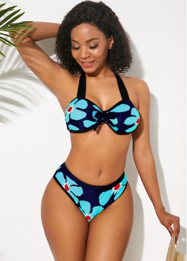 Rosewe Women Blue Halter Neck Floral Printed Bikini Swimsuit Halter Cutout Back Flower Print Bikini Set - XXL