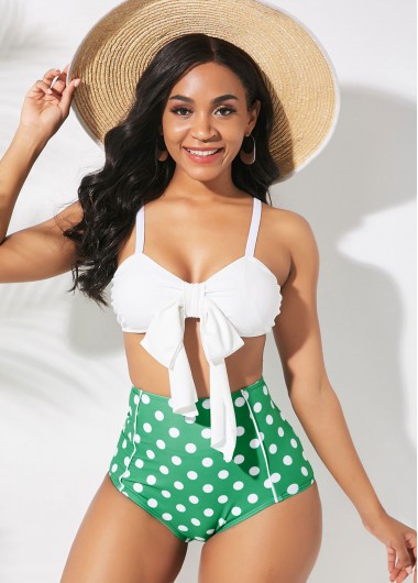 Rosewe Bowknot Detail High Waist Polka Dot Print Bikini Set - XXL