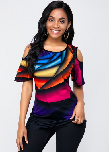 Rosewe Half Sleeve Round Neck Rainbow Print T Shirt - 12