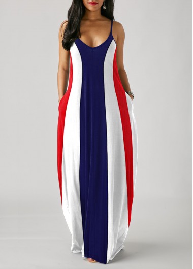 Women&apos;S Color Block Striped Printed Maxi Casual Dress With Pockets Spaghetti Strap Sleeveless Tent Vacation Dress By Rosewe - 14