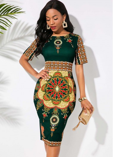 Rosewe Round Neck Half Sleeve Tribal Print Dress - XL