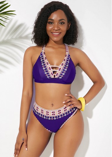Rosewe Tribal Print Purple Spaghetti Strap Bikini Set - 8