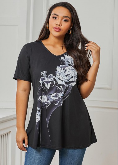 Rosewe Black V Neck Flower Print Plus Size T Shirt - 1X