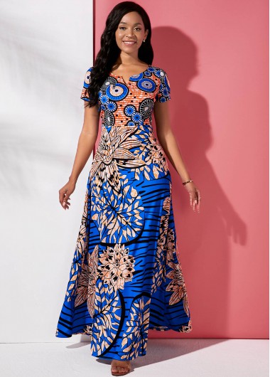 Rosewe Cocktail Party Dress Round Neck Short Sleeve Tribal Print Maxi Dress - XS
