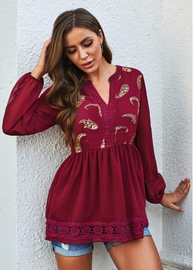 Rosewe Paisley Lantern Sleeve Lace Stitching Boho Vibe Blouse - XS