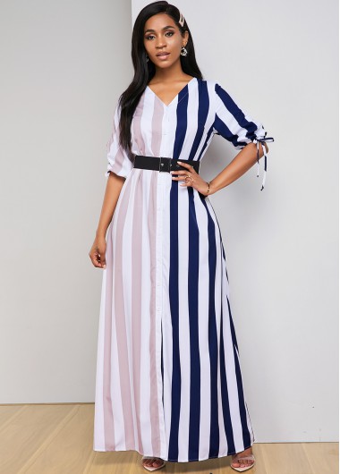 Rosewe Cocktail Party Dress Contrast Striped Drawstring Sleeve V Neck Dress - XS