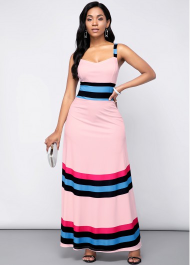 Rosewe Cocktail Party Dress High WaRainbow Stripe Spaghetti Strap ist Dress - S